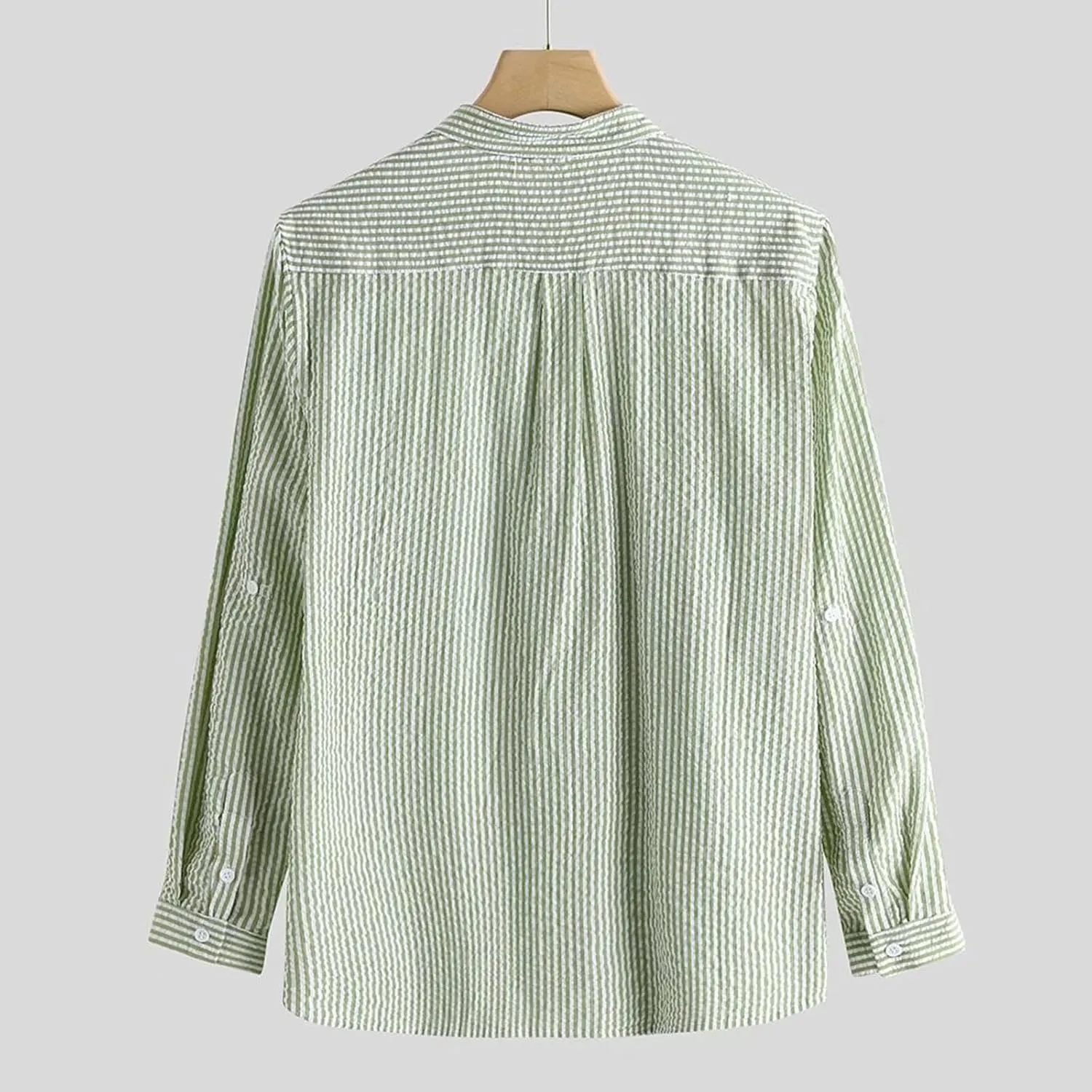 Mens Casual Shirts Striped Linen Roll-Up Long Sleeve V Neck Button Down T Shirt Classic Fit Summer Spring Shirt