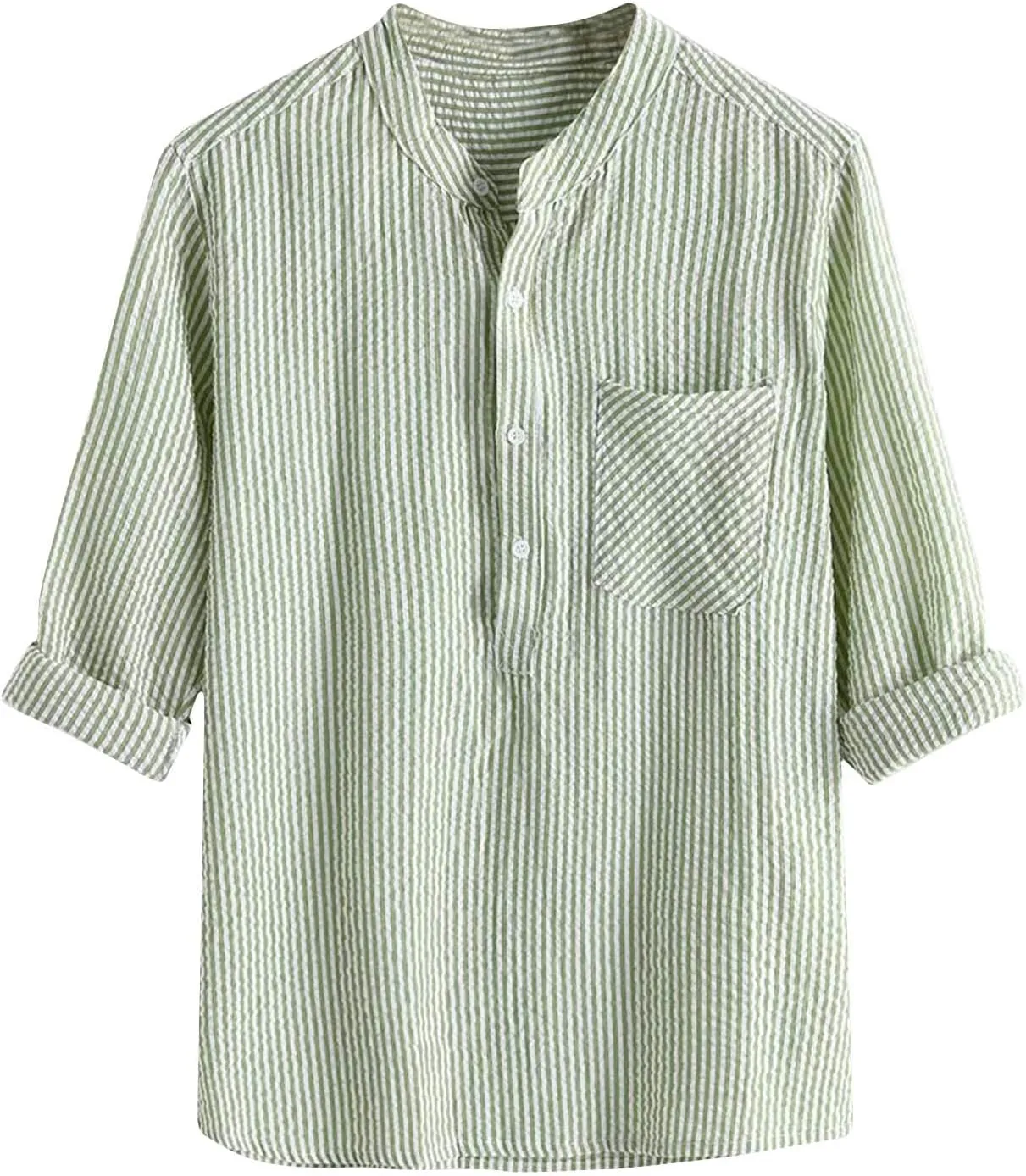 Mens Casual Shirts Striped Linen Roll-Up Long Sleeve V Neck Button Down T Shirt Classic Fit Summer Spring Shirt