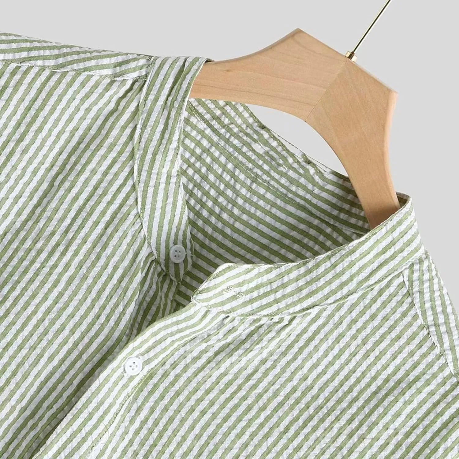Mens Casual Shirts Striped Linen Roll-Up Long Sleeve V Neck Button Down T Shirt Classic Fit Summer Spring Shirt