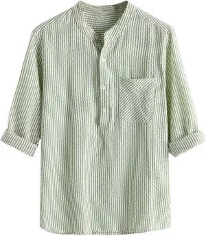 Mens Casual Shirts Striped Linen Roll-Up Long Sleeve V Neck Button Down T Shirt Classic Fit Summer Spring Shirt