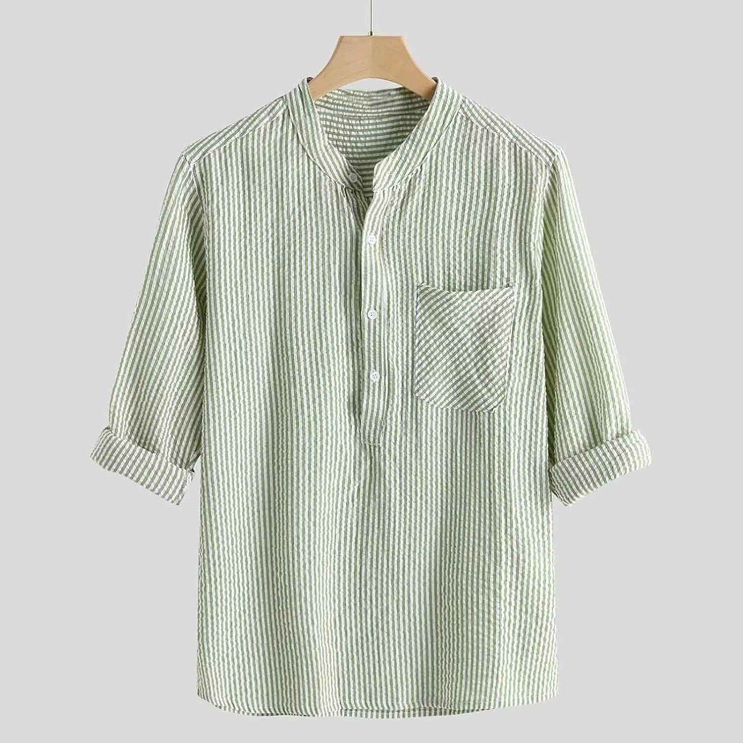 Mens Casual Shirts Striped Linen Roll-Up Long Sleeve V Neck Button Down T Shirt Classic Fit Summer Spring Shirt