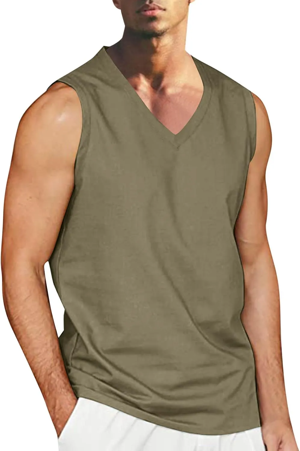 Men's Casual Workout Tank Top Crew Neck Sleeveless Shirts Summer Gym Muscle Fitness Vest Cotton Linen Cut Off Shirt