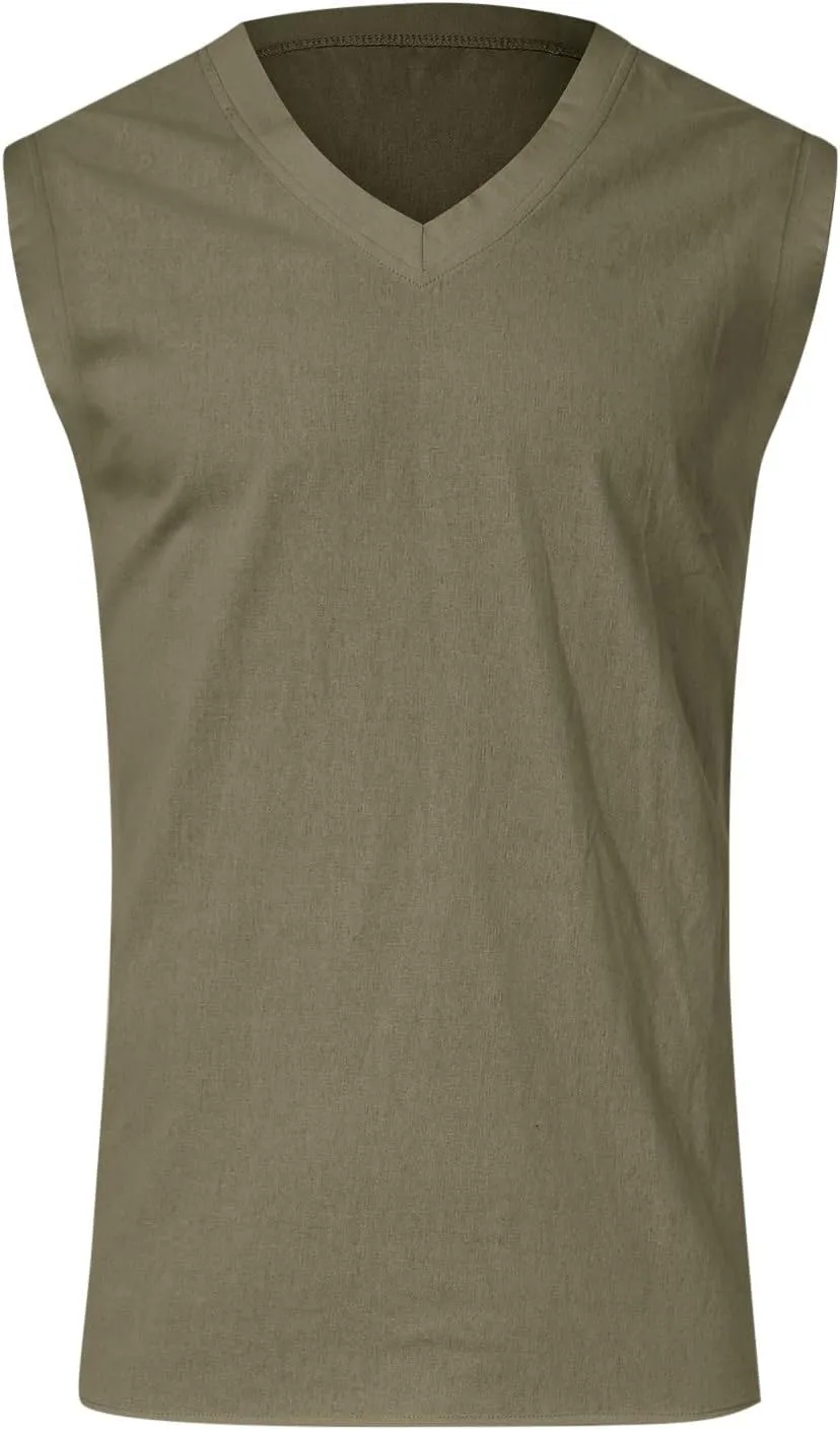 Men's Casual Workout Tank Top Crew Neck Sleeveless Shirts Summer Gym Muscle Fitness Vest Cotton Linen Cut Off Shirt