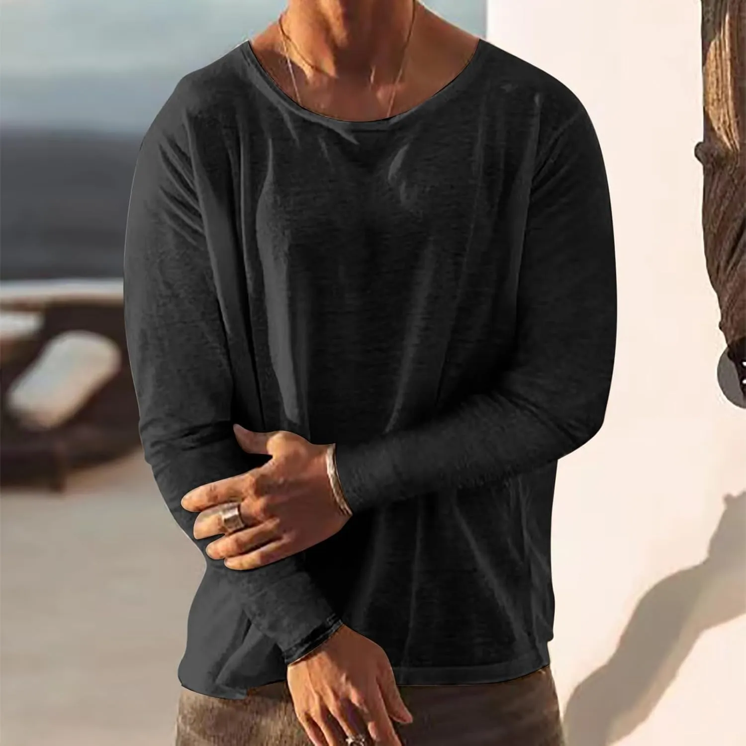 Men's Cotton Linen Long Sleeve T Shirts Summer Casual Crewneck Beach Yoga Pullover Tops Solid Hippie Tee Shirt Relaxed Fit