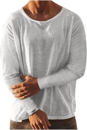 Men's Cotton Linen Long Sleeve T Shirts Summer Casual Crewneck Beach Yoga Pullover Tops Solid Hippie Tee Shirt Relaxed Fit