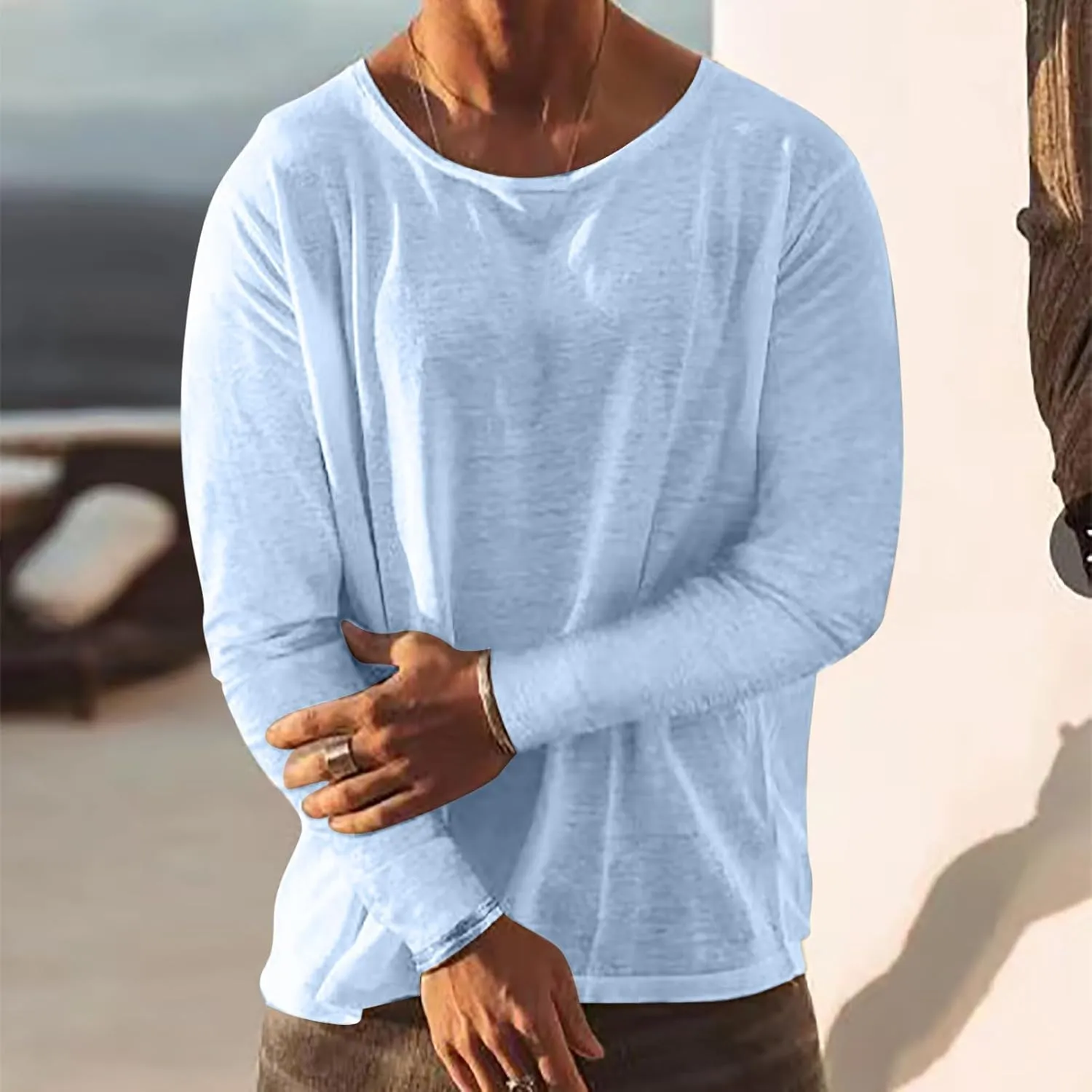 Men's Cotton Linen Long Sleeve T Shirts Summer Casual Crewneck Beach Yoga Pullover Tops Solid Hippie Tee Shirt Relaxed Fit