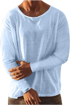 Men's Cotton Linen Long Sleeve T Shirts Summer Casual Crewneck Beach Yoga Pullover Tops Solid Hippie Tee Shirt Relaxed Fit
