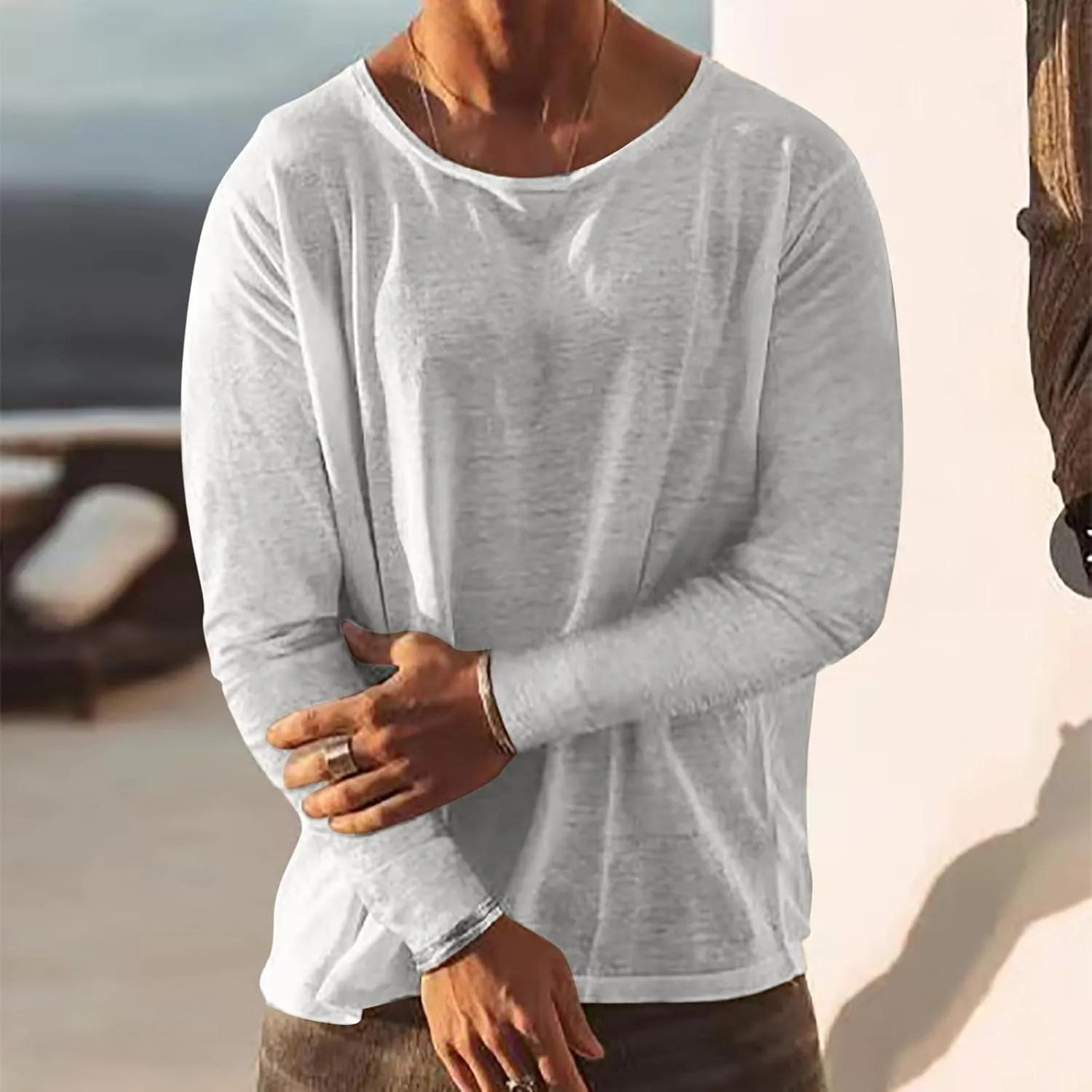 Men's Cotton Linen Long Sleeve T Shirts Summer Casual Crewneck Beach Yoga Pullover Tops Solid Hippie Tee Shirt Relaxed Fit