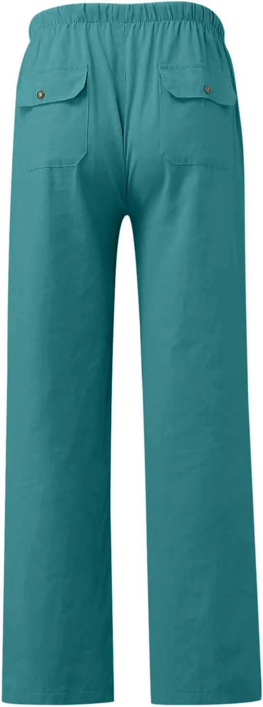 Mens Cotton Linen Pants Relaxed Fit Casual Joggers Pants Drawstring Elastic Waist Summer Beach Trousers with Pockets