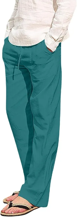 Mens Cotton Linen Pants Relaxed Fit Casual Joggers Pants Drawstring Elastic Waist Summer Beach Trousers with Pockets