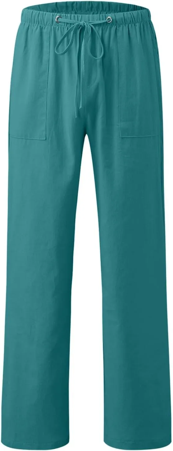 Mens Cotton Linen Pants Relaxed Fit Casual Joggers Pants Drawstring Elastic Waist Summer Beach Trousers with Pockets