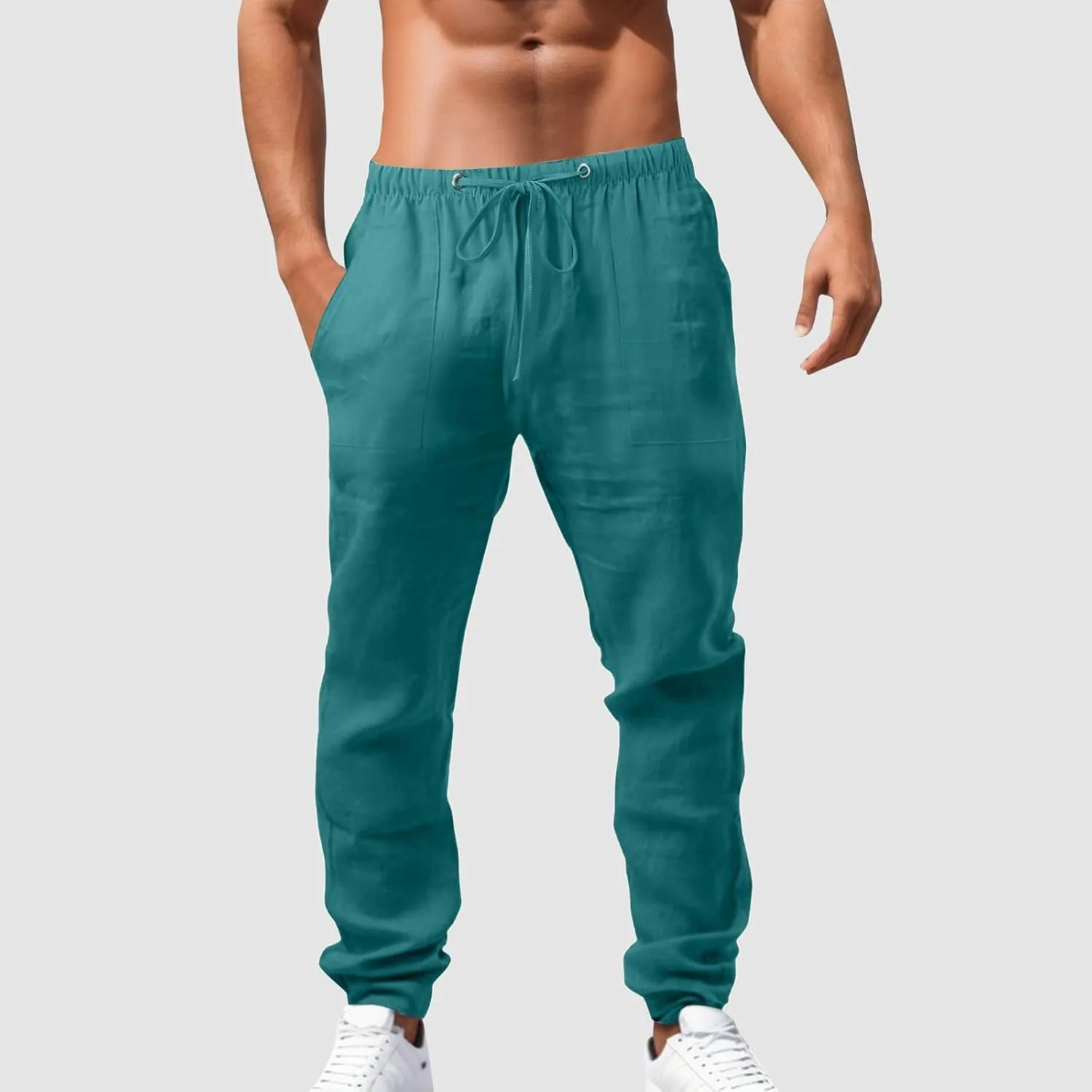 Mens Cotton Linen Pants Relaxed Fit Casual Joggers Pants Drawstring Elastic Waist Summer Beach Trousers with Pockets