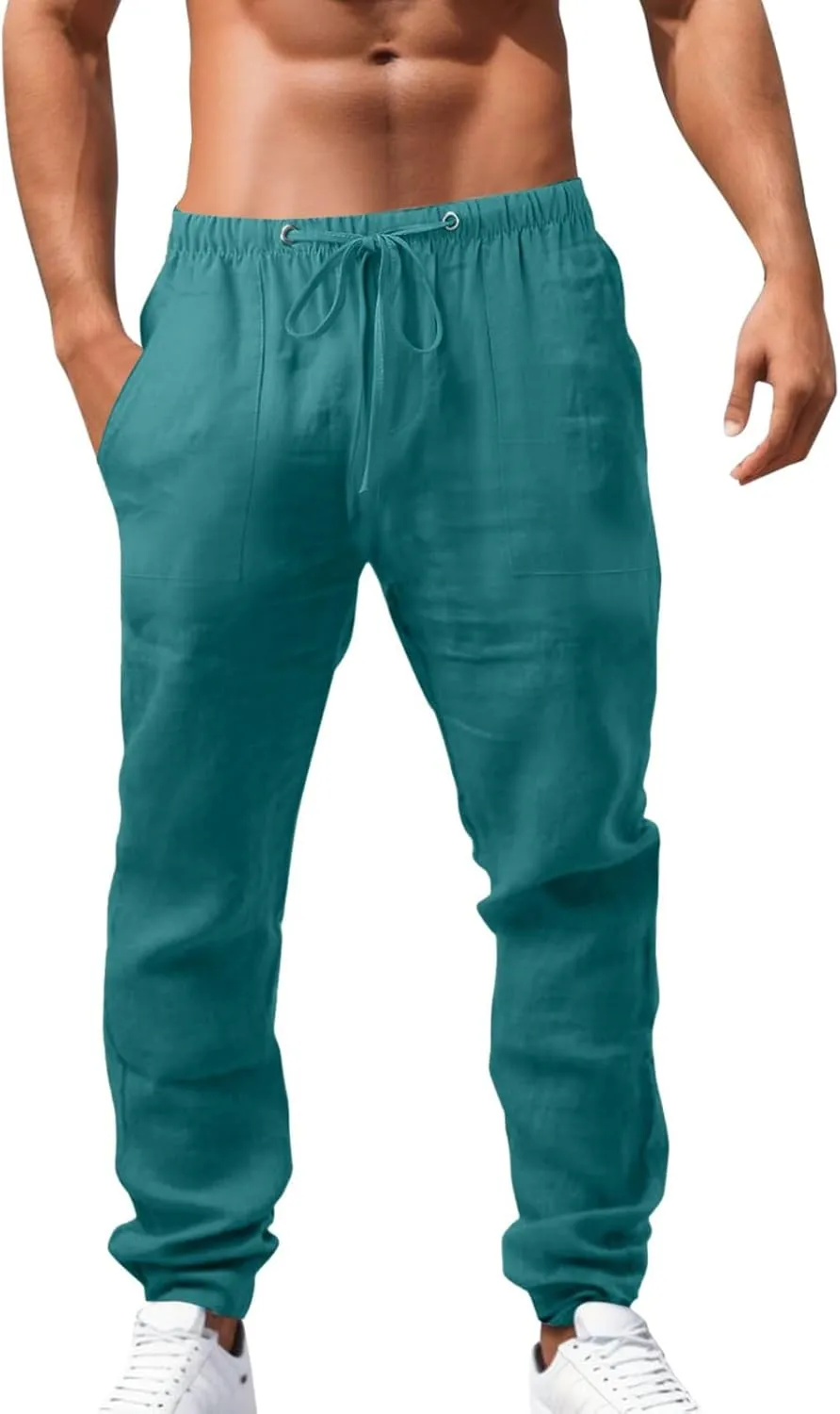 Mens Cotton Linen Pants Relaxed Fit Casual Joggers Pants Drawstring Elastic Waist Summer Beach Trousers with Pockets