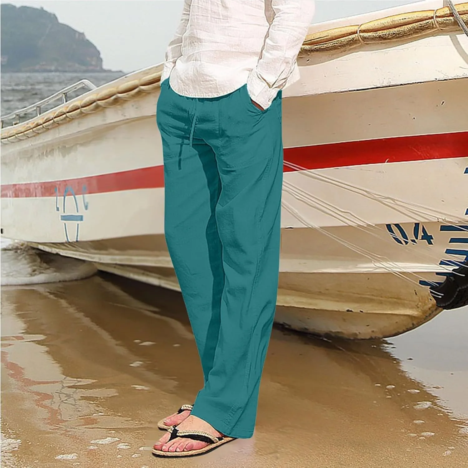 Mens Cotton Linen Pants Relaxed Fit Casual Joggers Pants Drawstring Elastic Waist Summer Beach Trousers with Pockets