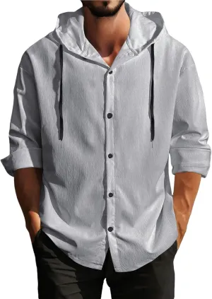 Mens Cotton Linen Shirts Button Down Long Sleeve Hoodies Trendy Pullovers Top Breathabe Quick Dry Beach Tee Shirt