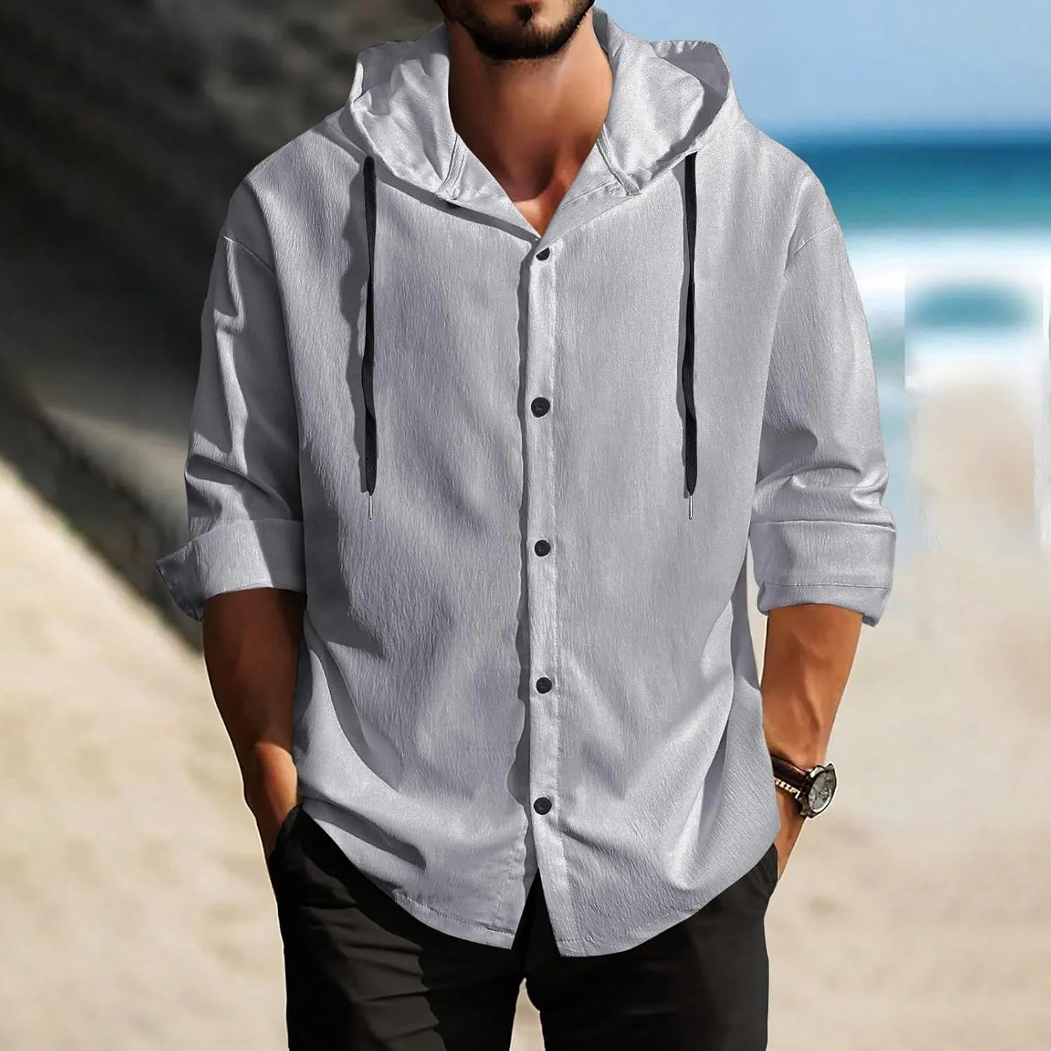Mens Cotton Linen Shirts Button Down Long Sleeve Hoodies Trendy Pullovers Top Breathabe Quick Dry Beach Tee Shirt