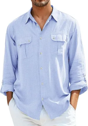 Men's Cotton Linen Shirts Retro Multi-Pockets Lapel Long Sleeve Workwear Breathable Quick Dry Summer Tropical Tops