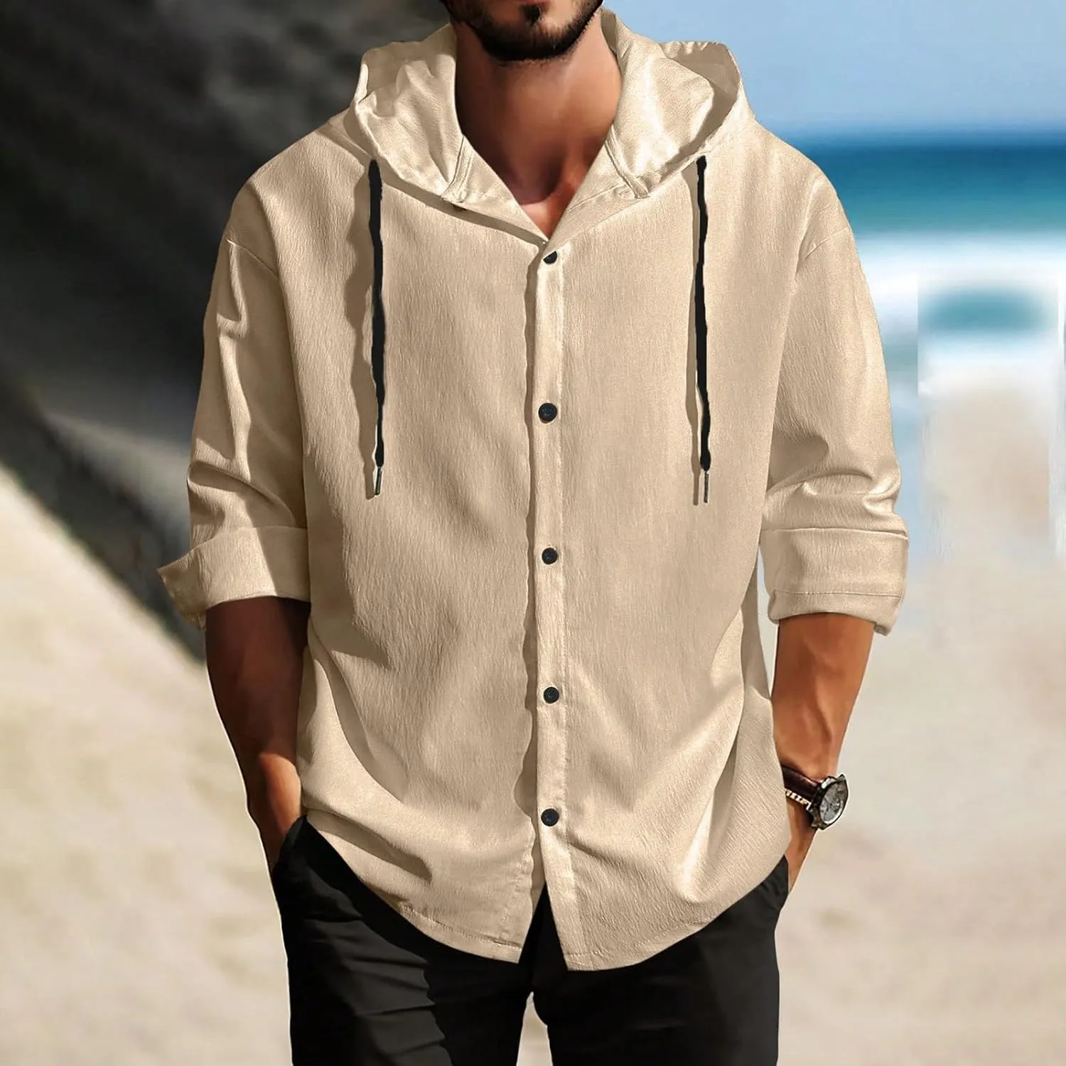 Men's Cotton Linen Shirts with Hood Long Sleeve Lace Up Button Down Shirt Quick Dry Boho Summer Beach Hipster Hoodies