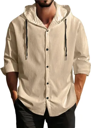 Men's Cotton Linen Shirts with Hood Long Sleeve Lace Up Button Down Shirt Quick Dry Boho Summer Beach Hipster Hoodies