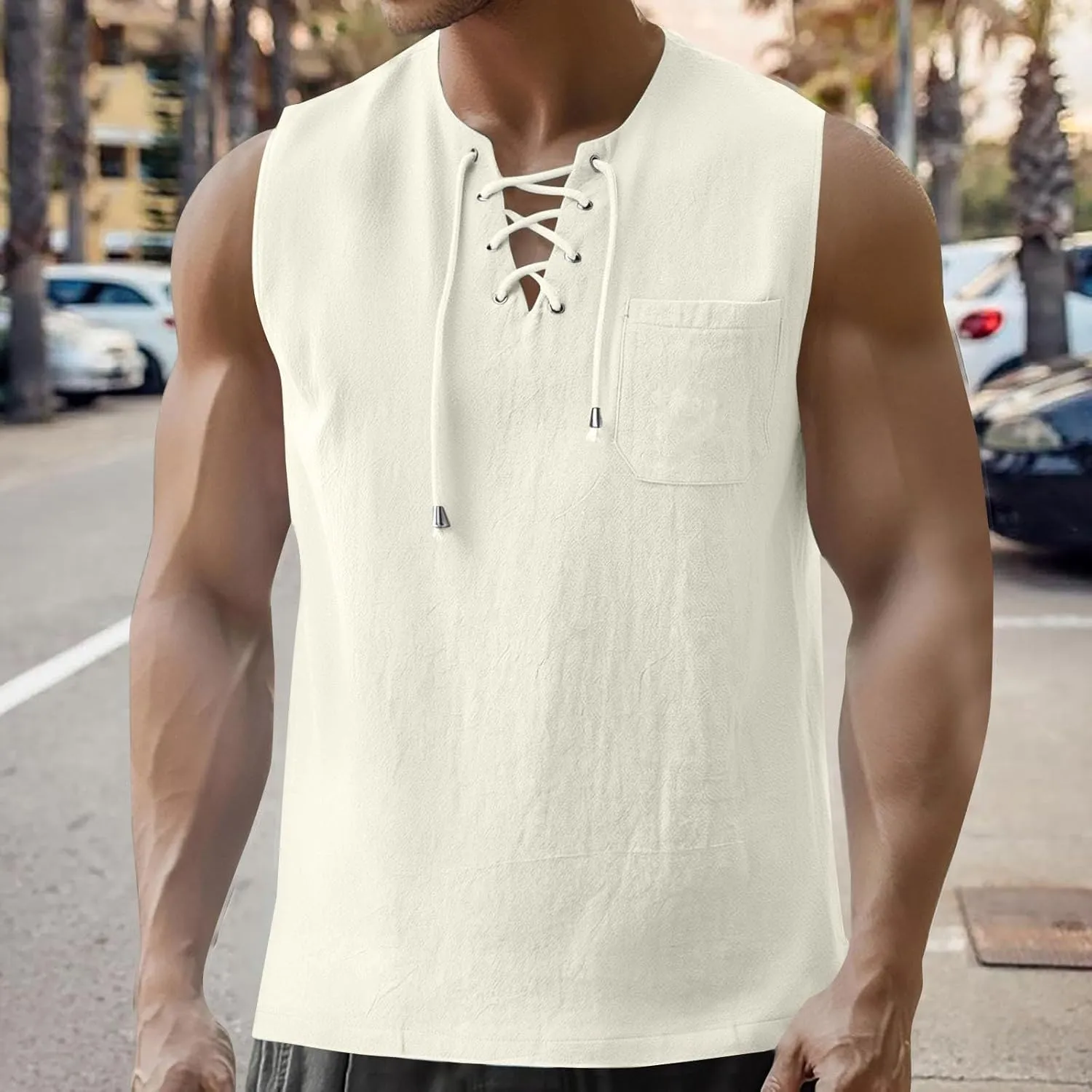 Men's Cotton Linen Tank Tops Casual Beach Hippie Lace Up Sleeveless Shirts Vintage Viking Renaissance Pirate Pullover