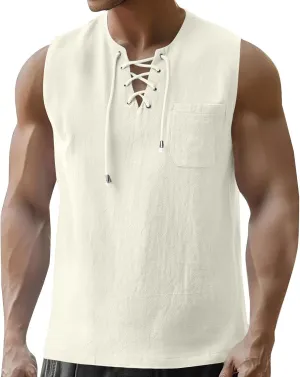 Men's Cotton Linen Tank Tops Casual Beach Hippie Lace Up Sleeveless Shirts Vintage Viking Renaissance Pirate Pullover