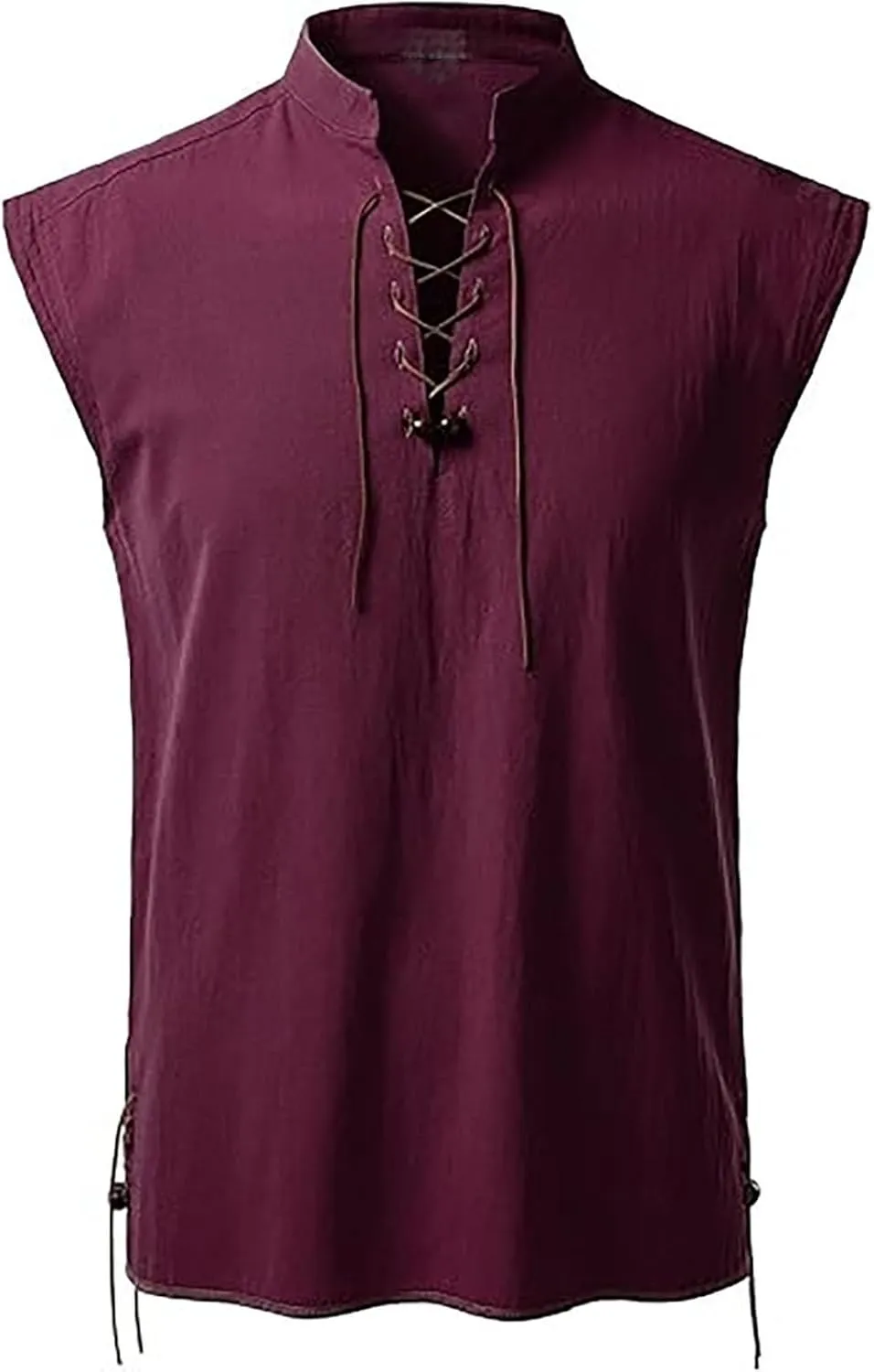 Men's Cotton Linen Tank Tops Workout Lace Up Sleeveless Shirts Bodybuilding Fitted Muscle Cut Off Shirt Vest Retro