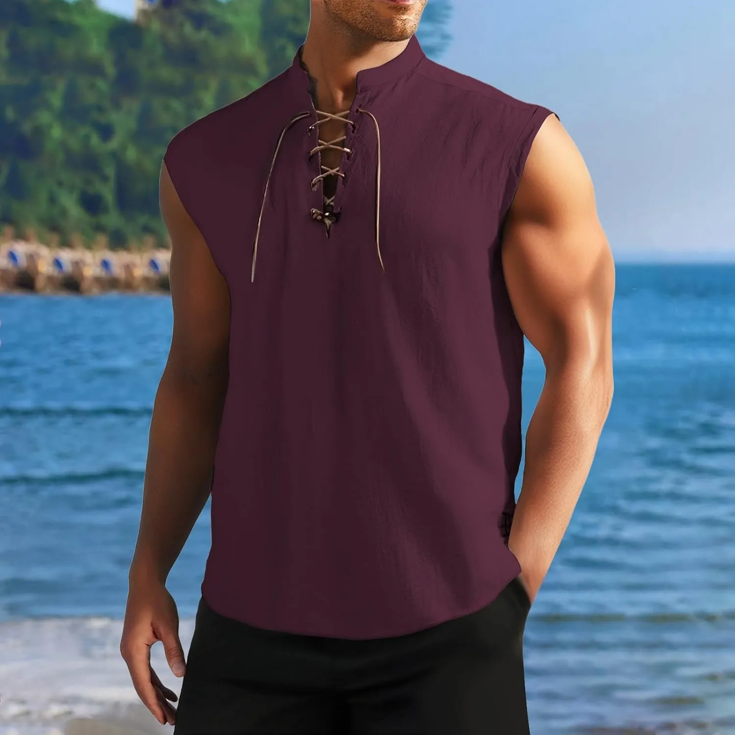 Men's Cotton Linen Tank Tops Workout Lace Up Sleeveless Shirts Bodybuilding Fitted Muscle Cut Off Shirt Vest Retro