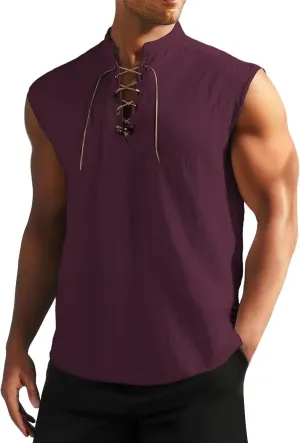 Men's Cotton Linen Tank Tops Workout Lace Up Sleeveless Shirts Bodybuilding Fitted Muscle Cut Off Shirt Vest Retro