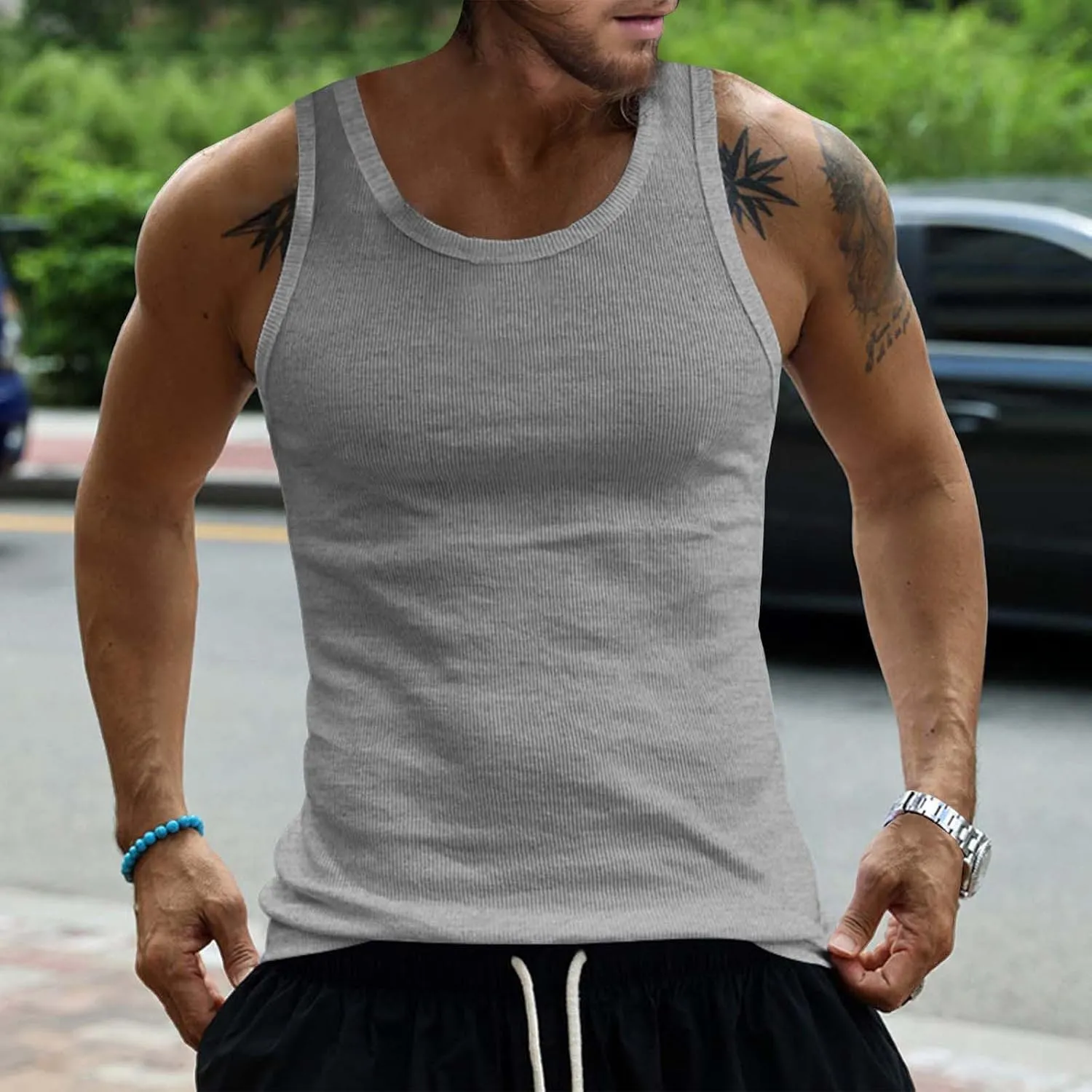 Men's Cotton Tank Tops Athletic Moisture Wicking Muscle Cut Off Shirt Bodybuilding Gym Workout Sleeveless Shirts