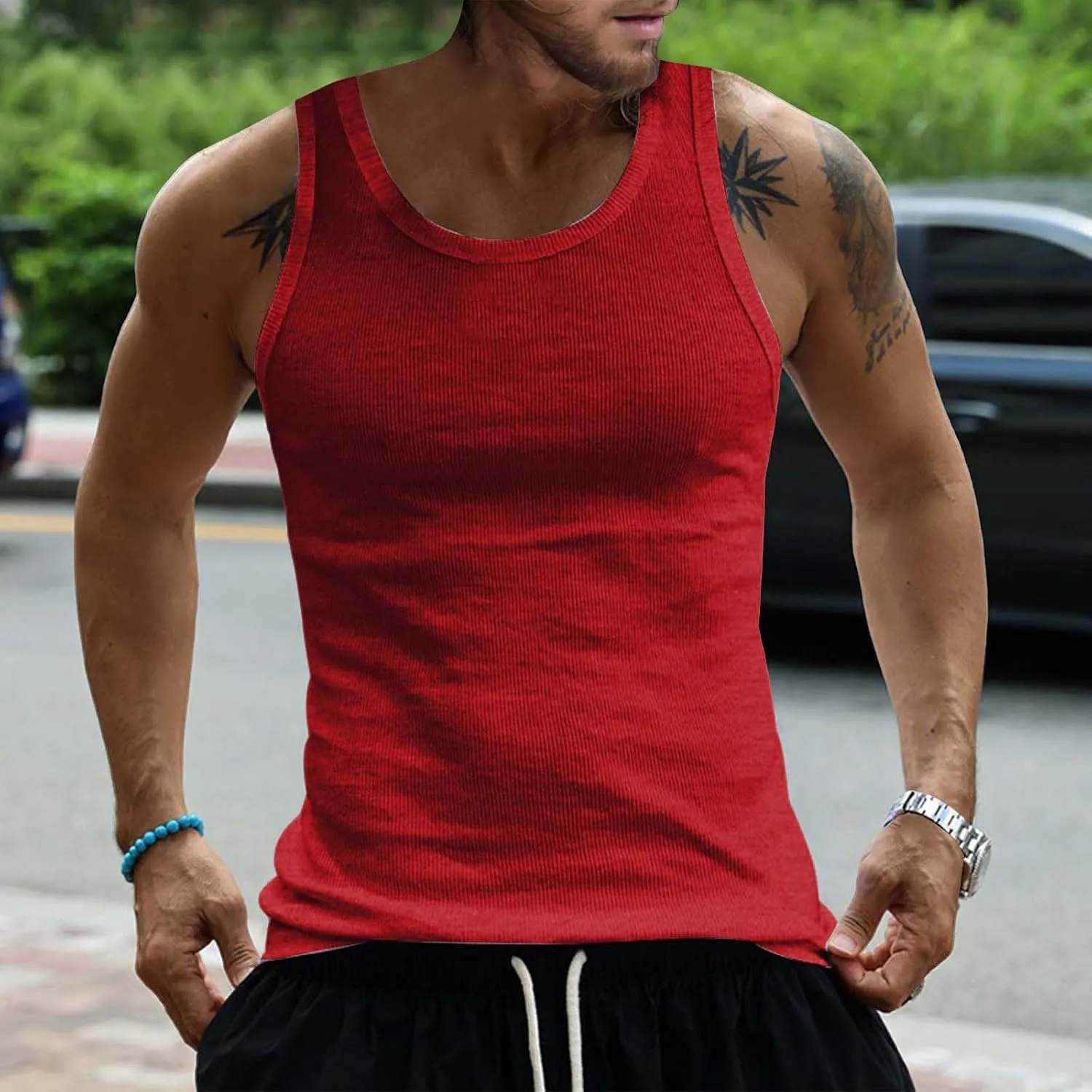 Men's Cotton Tank Tops Athletic Moisture Wicking Muscle Cut Off Shirt Bodybuilding Gym Workout Sleeveless Shirts
