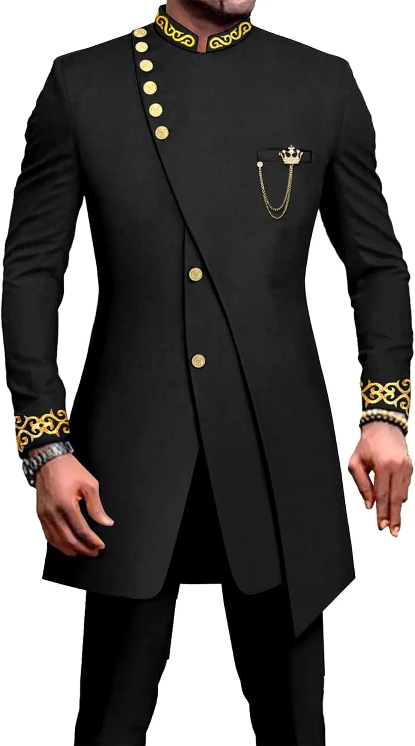 Men's Double Breasted Slim Fit Embroidery Suits African Chain Decorate Ethnic Suits Slim Fit Blazer Pants Outfits