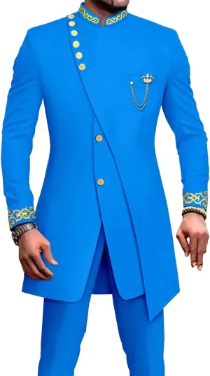 Men's Double Breasted Slim Fit Embroidery Suits African Chain Decorate Ethnic Suits Slim Fit Blazer Pants Outfits