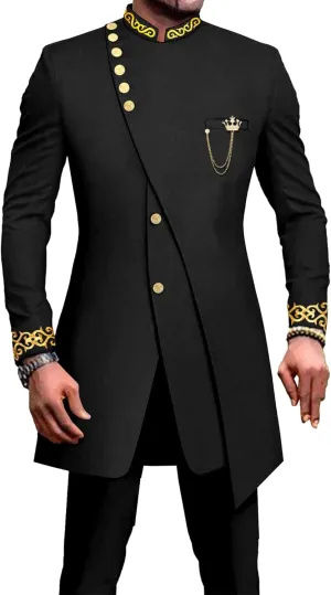 Men's Double Breasted Slim Fit Embroidery Suits African Chain Decorate Ethnic Suits Slim Fit Blazer Pants Outfits