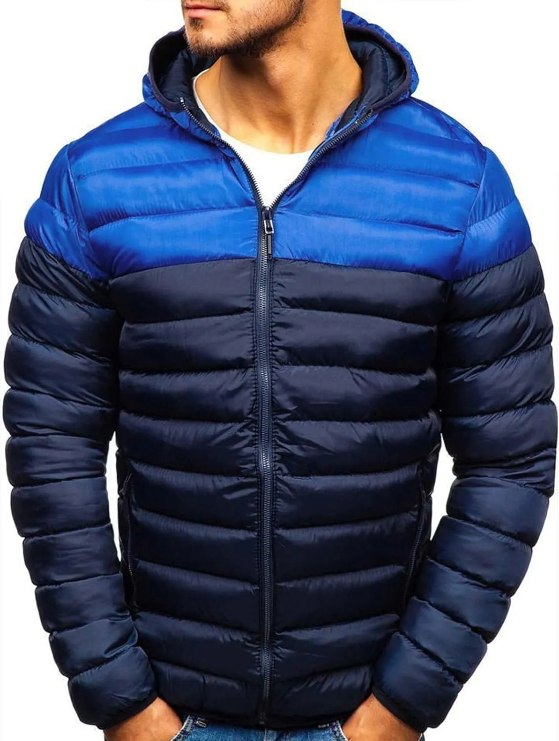 Men's Down Jacket Hooded Packable Down Puffer Jacket Lightweight Water-Resistant Insulated Color Block Down Jackets