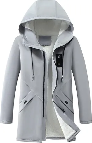 Men's Fleece Hoodie Autumn Winter Zipper Warm Down Jacket Hooded Plush Solid Color Cotton Coat