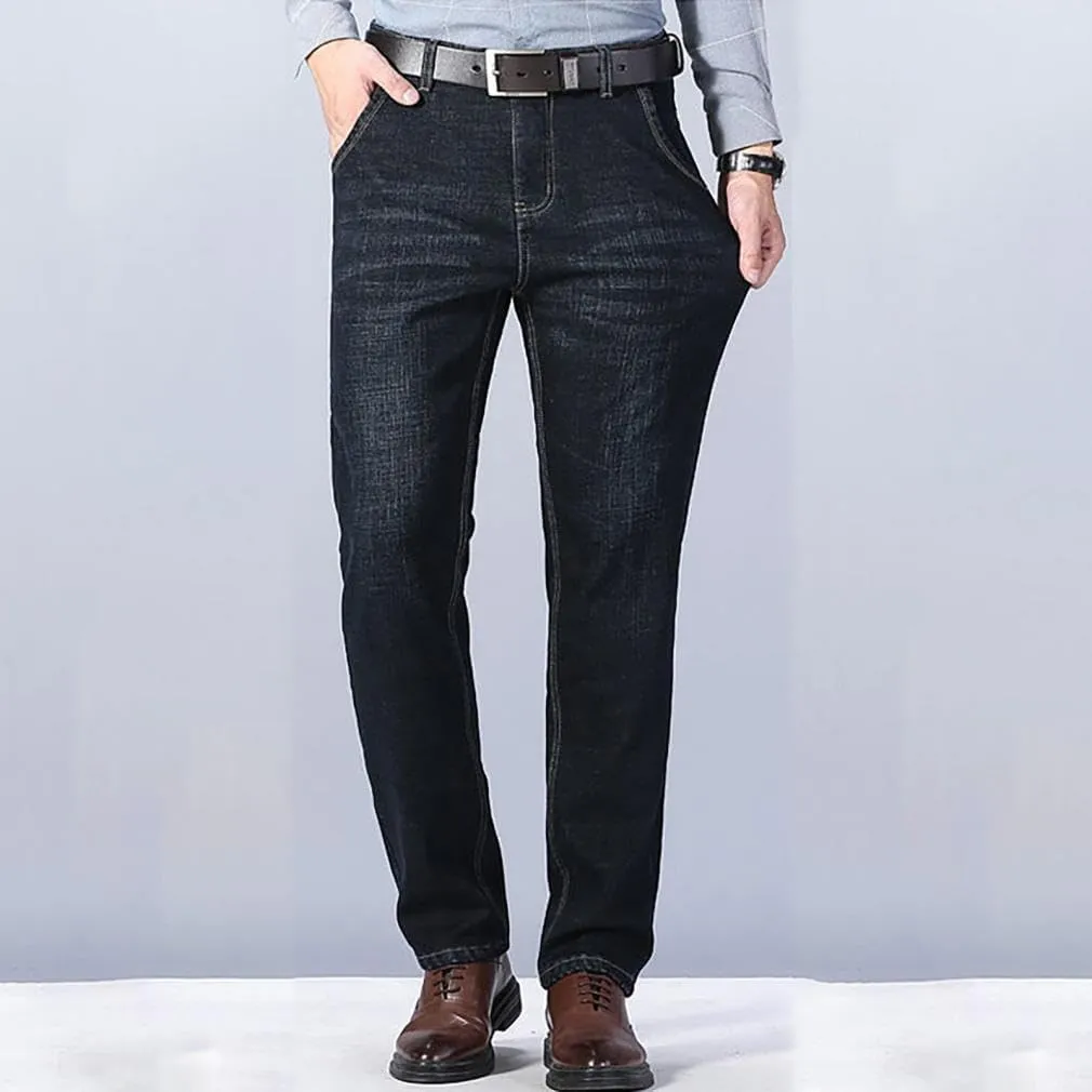 Men's Fleece Lined Jeans Stretch Fit Winter Thicken Buckle Fly Straight Leg Outdoor Work Business Denim Pants