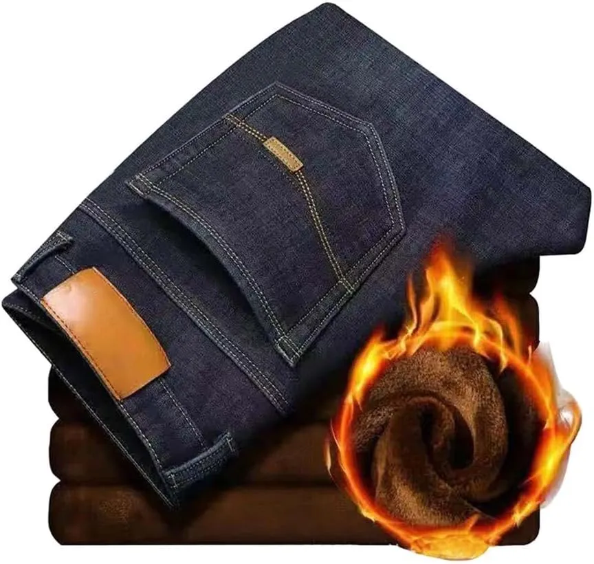 Men's Fleece Lined Jeans Stretch Fit Winter Thicken Buckle Fly Straight Leg Outdoor Work Business Denim Pants