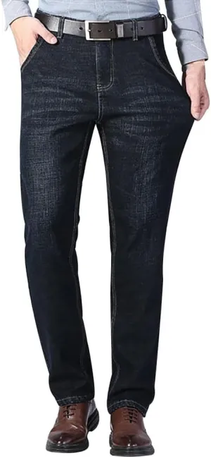 Men's Fleece Lined Jeans Stretch Fit Winter Thicken Buckle Fly Straight Leg Outdoor Work Business Denim Pants