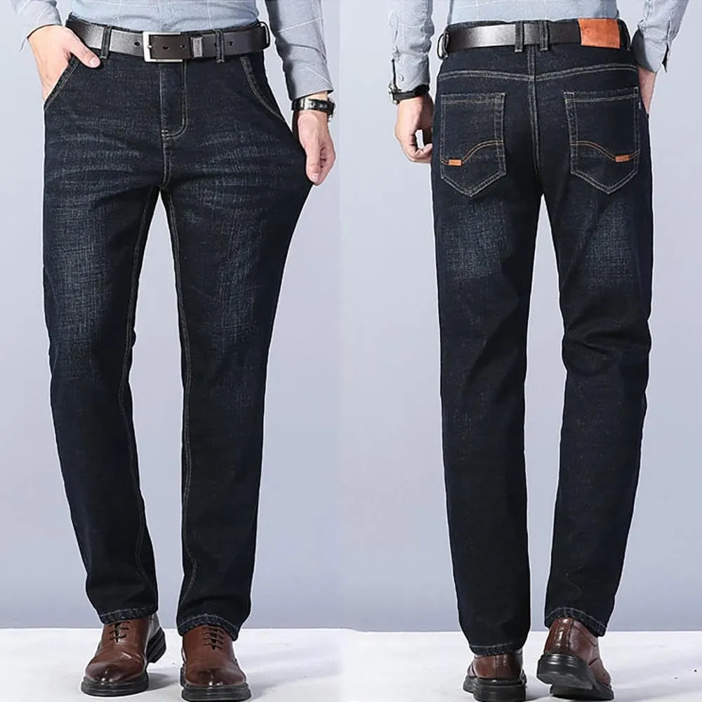 Men's Fleece Lined Jeans Stretch Fit Winter Thicken Buckle Fly Straight Leg Outdoor Work Business Denim Pants