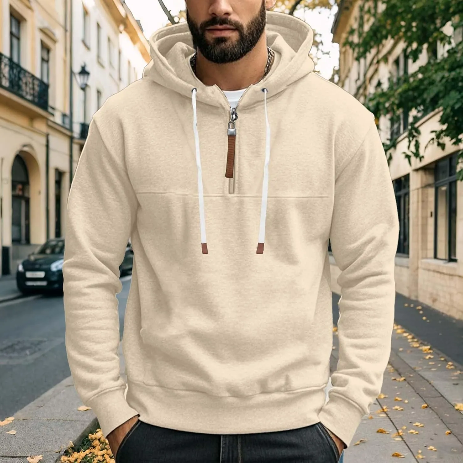 Mens Hoodies Heavyweight Fleece Quarter Zip Gym Work Hoodie Cotton Thick Oversized Sweatshirt Warm Pullover Sweater
