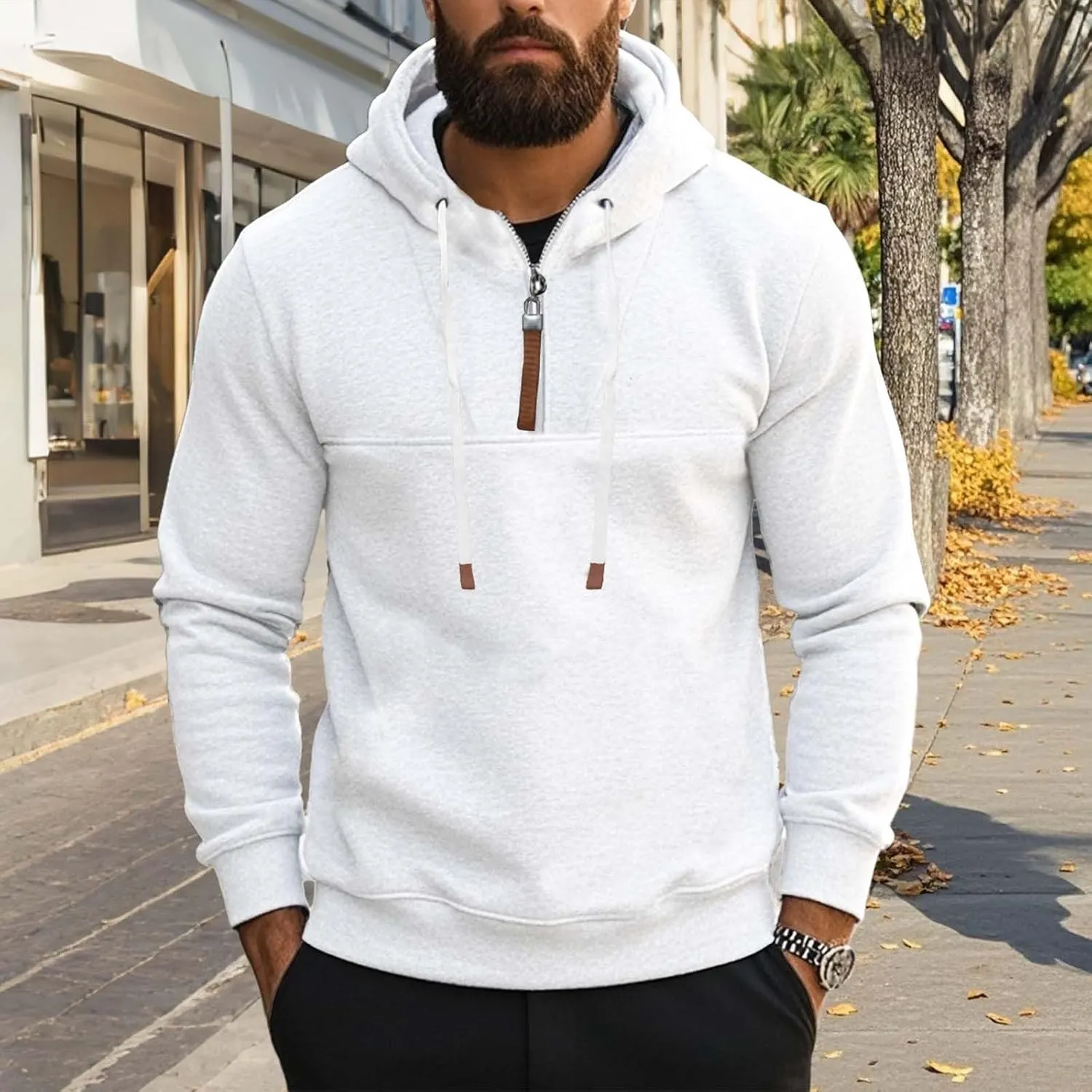 Mens Hoodies Heavyweight Fleece Quarter Zip Gym Work Hoodie Cotton Thick Oversized Sweatshirt Warm Pullover Sweater