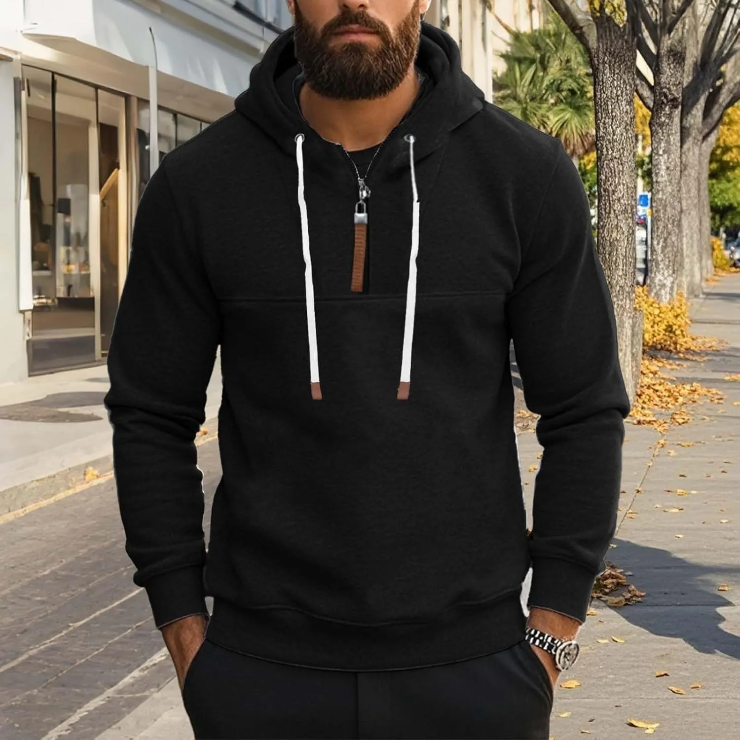 Mens Hoodies Heavyweight Fleece Quarter Zip Gym Work Hoodie Cotton Thick Oversized Sweatshirt Warm Pullover Sweater