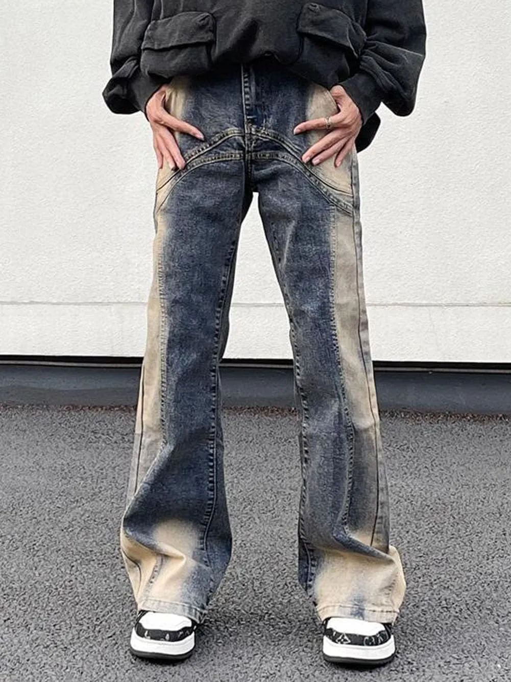 Mens Jeans Straight Leg Relaxed Fit Washed Patchwork Trendy Y2K Going Out Denim Pants