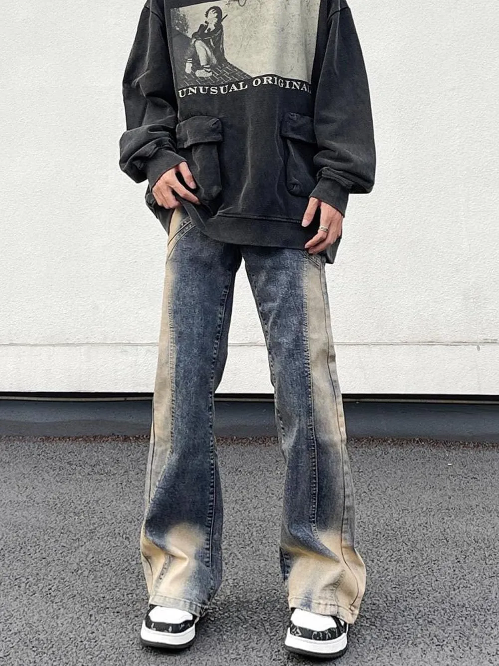 Mens Jeans Straight Leg Relaxed Fit Washed Patchwork Trendy Y2K Going Out Denim Pants
