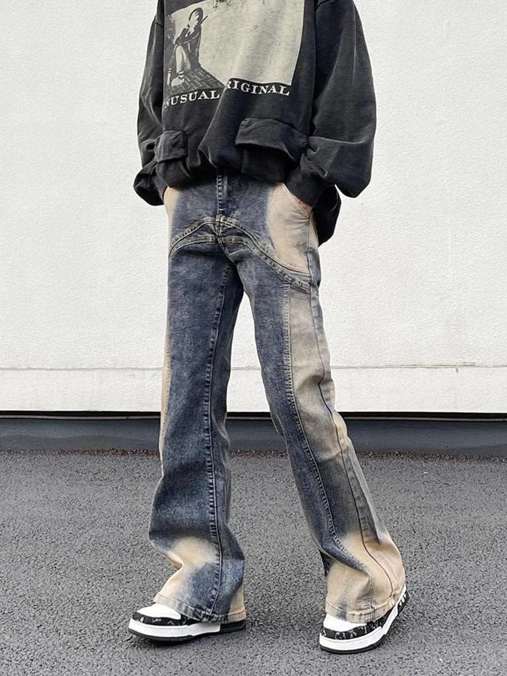 Mens Jeans Straight Leg Relaxed Fit Washed Patchwork Trendy Y2K Going Out Denim Pants