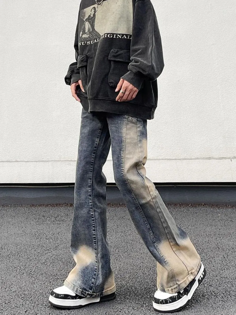 Mens Jeans Straight Leg Relaxed Fit Washed Patchwork Trendy Y2K Going Out Denim Pants