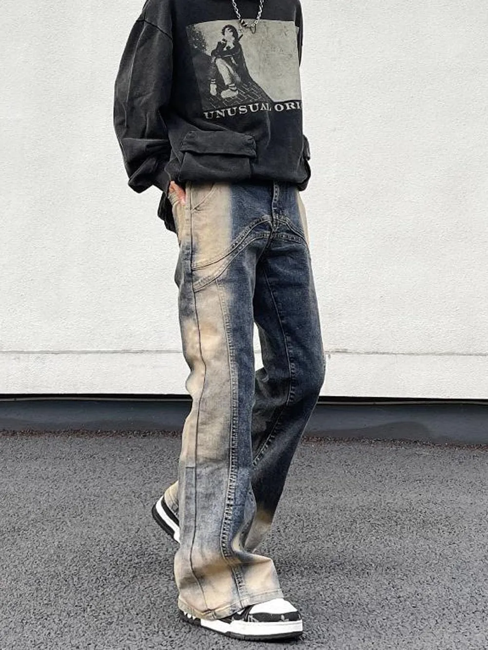 Mens Jeans Straight Leg Relaxed Fit Washed Patchwork Trendy Y2K Going Out Denim Pants