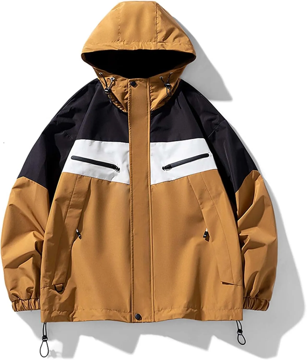 Men's Lightweight Active Water Resistant Hooded Rain Jacket Contrasting Colors Styles Zipper Long-Sleeved Windproof Coat