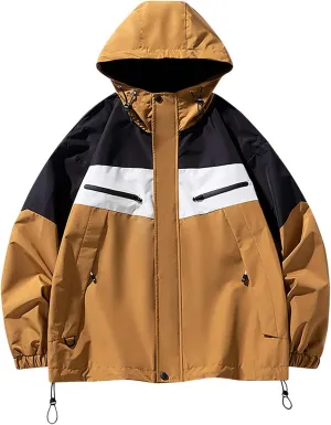 Men's Lightweight Active Water Resistant Hooded Rain Jacket Contrasting Colors Styles Zipper Long-Sleeved Windproof Coat