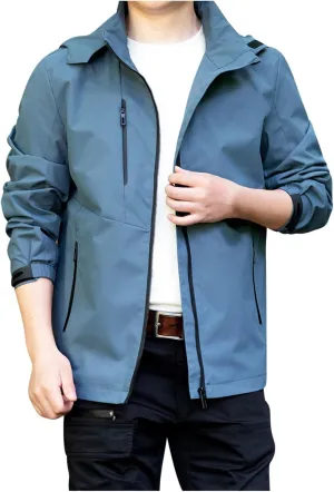 Men's Lightweight Hooded Jackets Vintage Soild Windbreaker Packable Raincoat for Hiking Outdoor Sportswear Comfy Coat